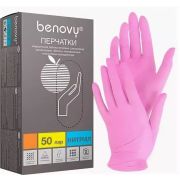 Перчатки нитриловые текстурированные на пальцах BENOVY Q, розовые, M, 500/50/пара